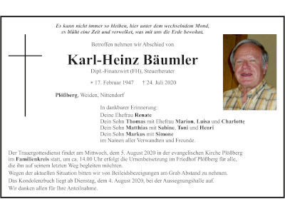 Traueranzeige Karl-Heinz Bäumler, Plößberg 400