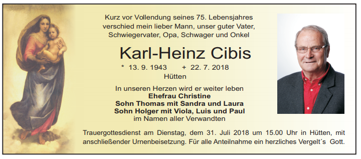 Traueranzeige Karl-Heinz Cibis Hütten