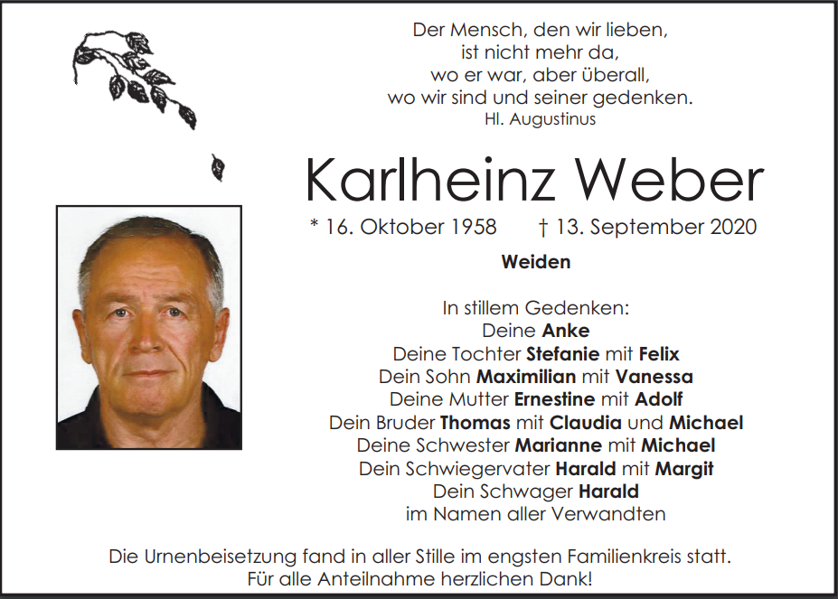 Traueranzeige Karl Heinz Weber, Weiden