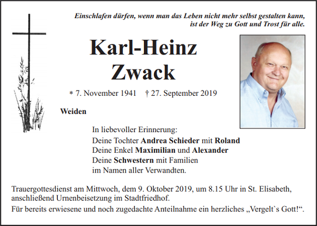 Traueranzeige Karl-Heinz Zwack Weiden