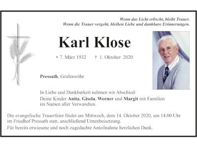 Traueranzeige Karl Klose, Pressath 400x300