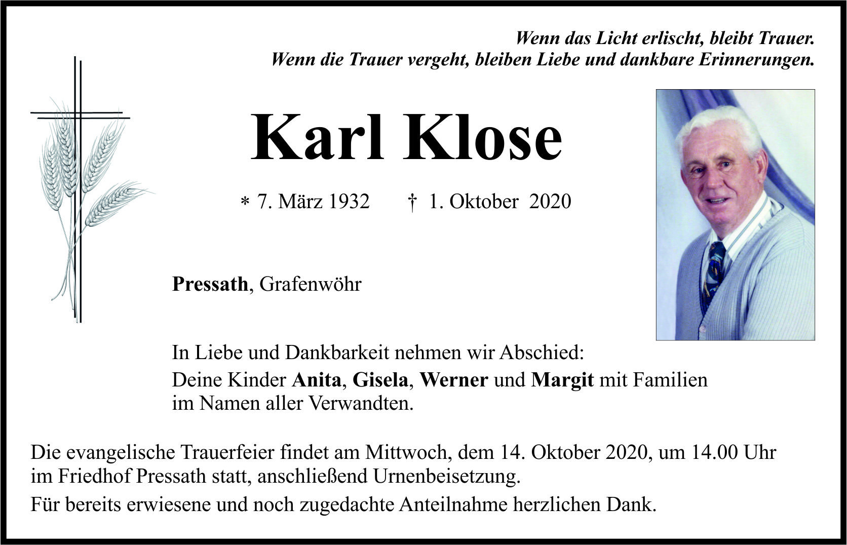 Traueranzeige Karl Klose, Pressath