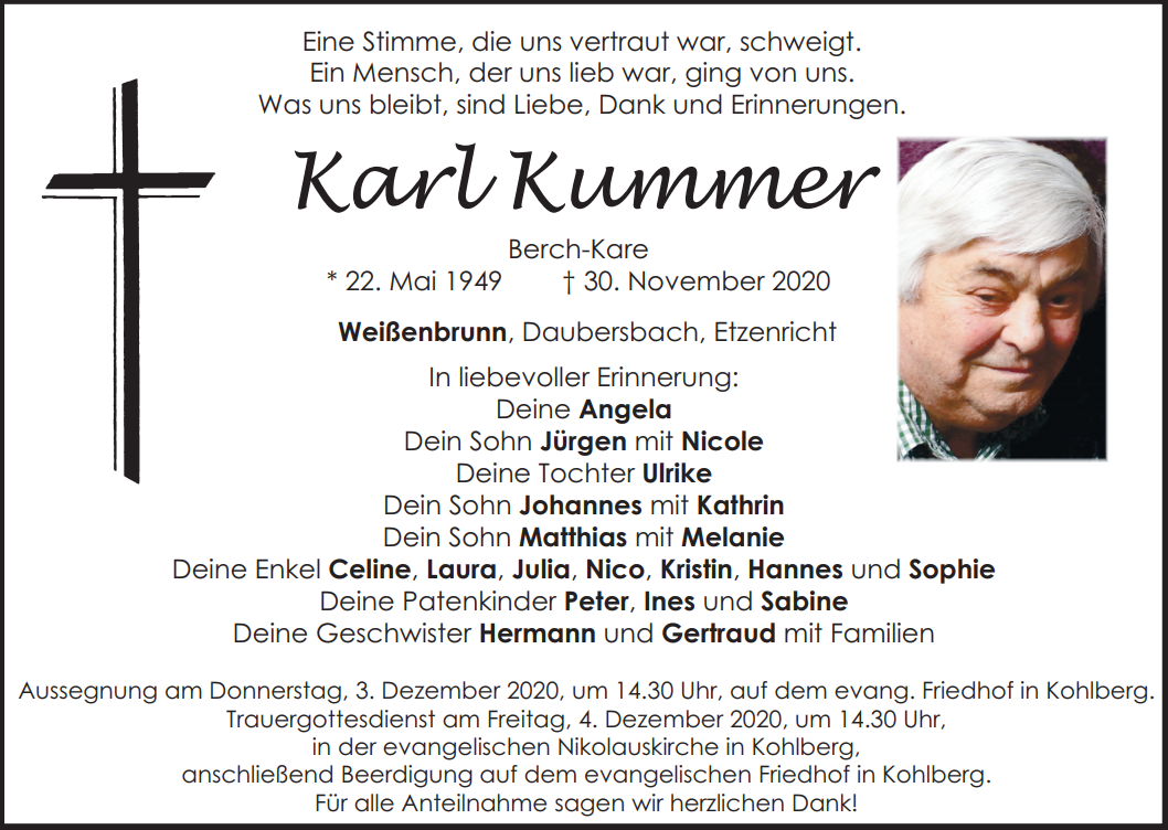 Traueranzeige Karl Kummer, Weißenbrunn