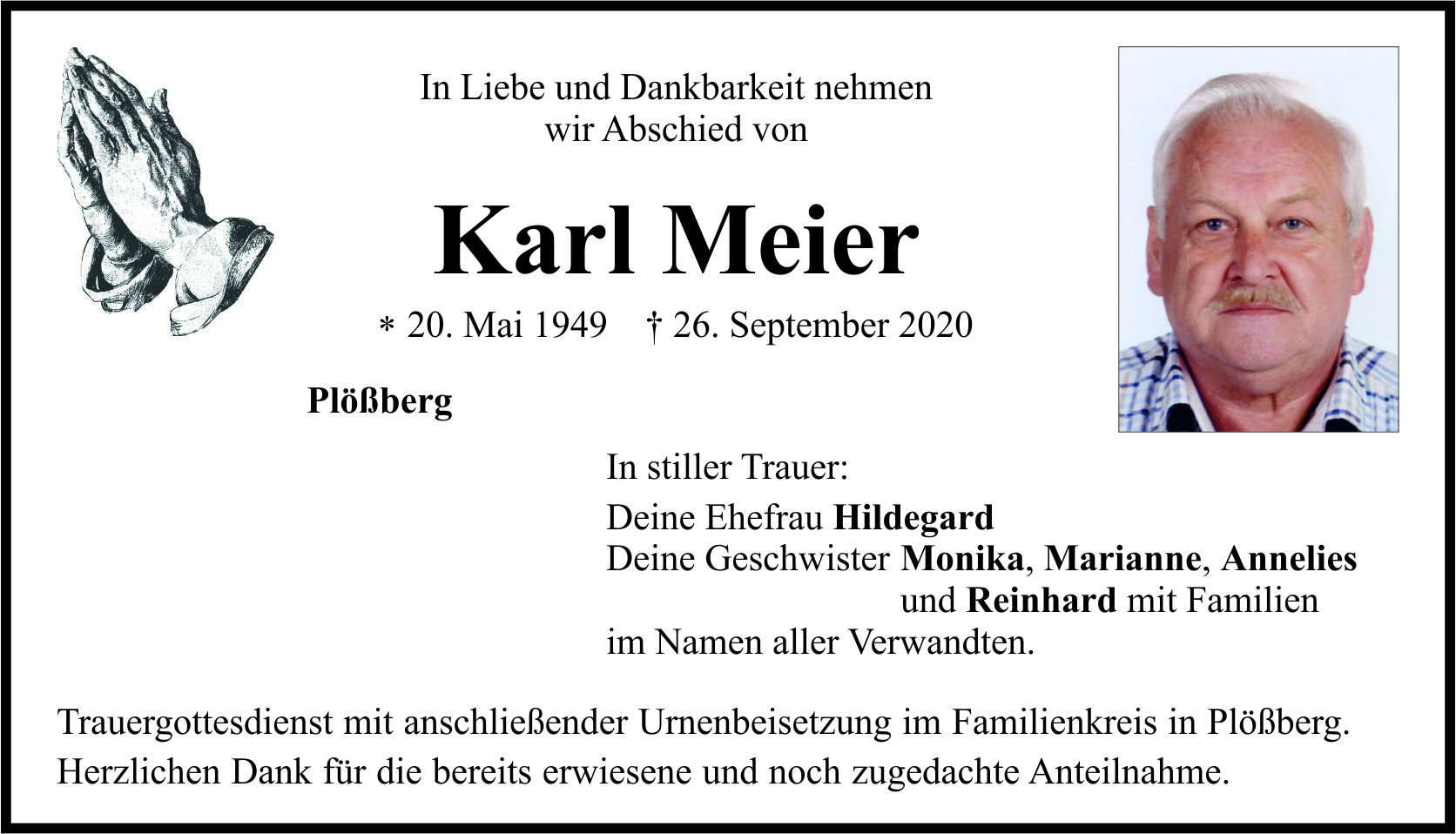 Traueranzeige Karl Meier, Plößberg