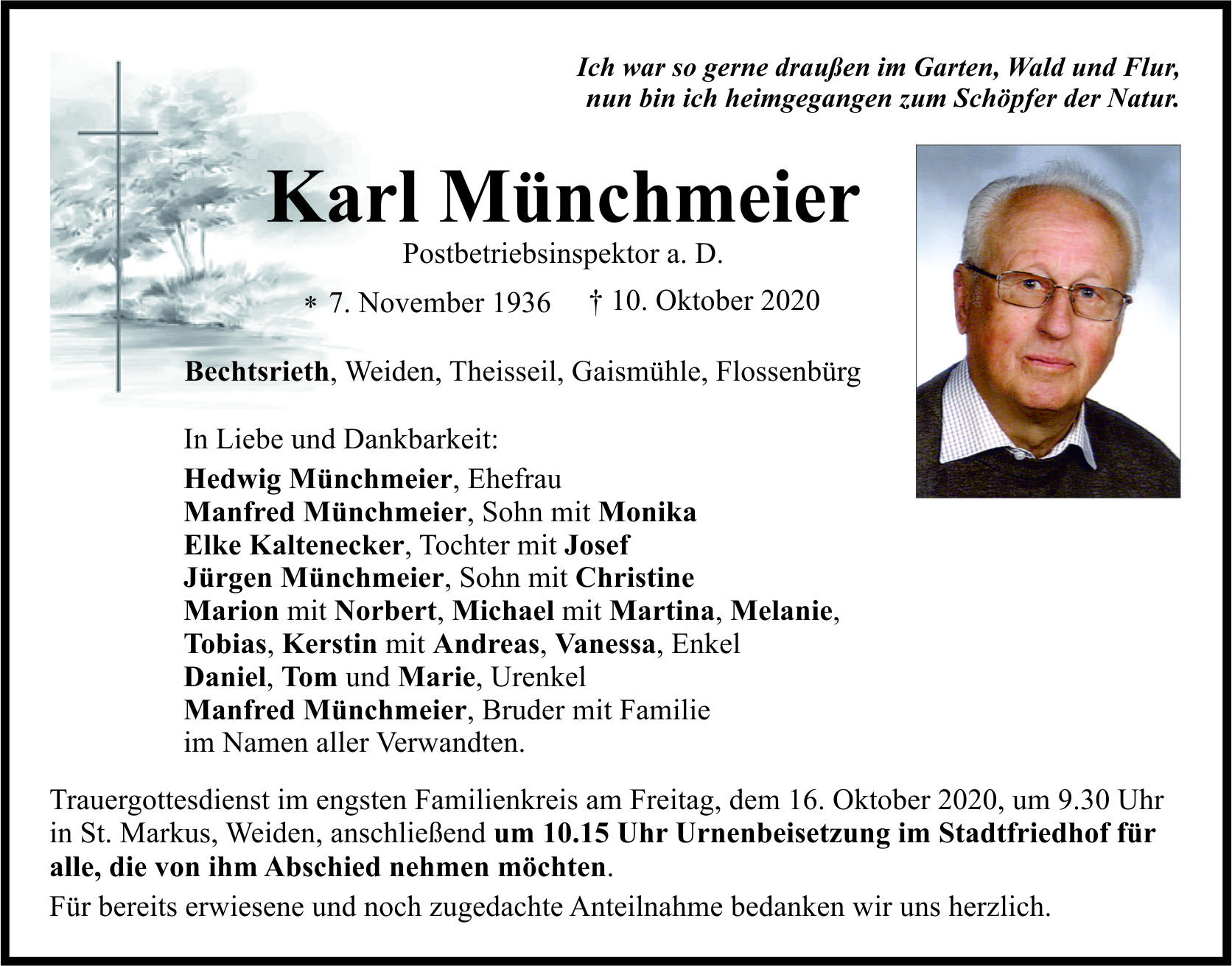 Traueranzeige Karl Münchmeier, Bechtsrieth