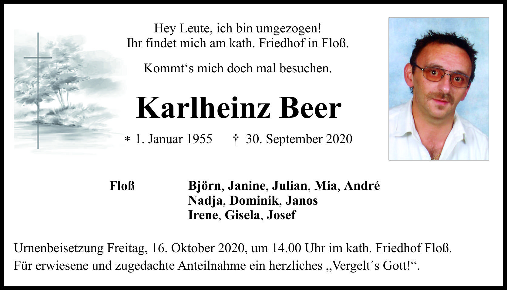 Traueranzeige Karlheinz Beer, Floß