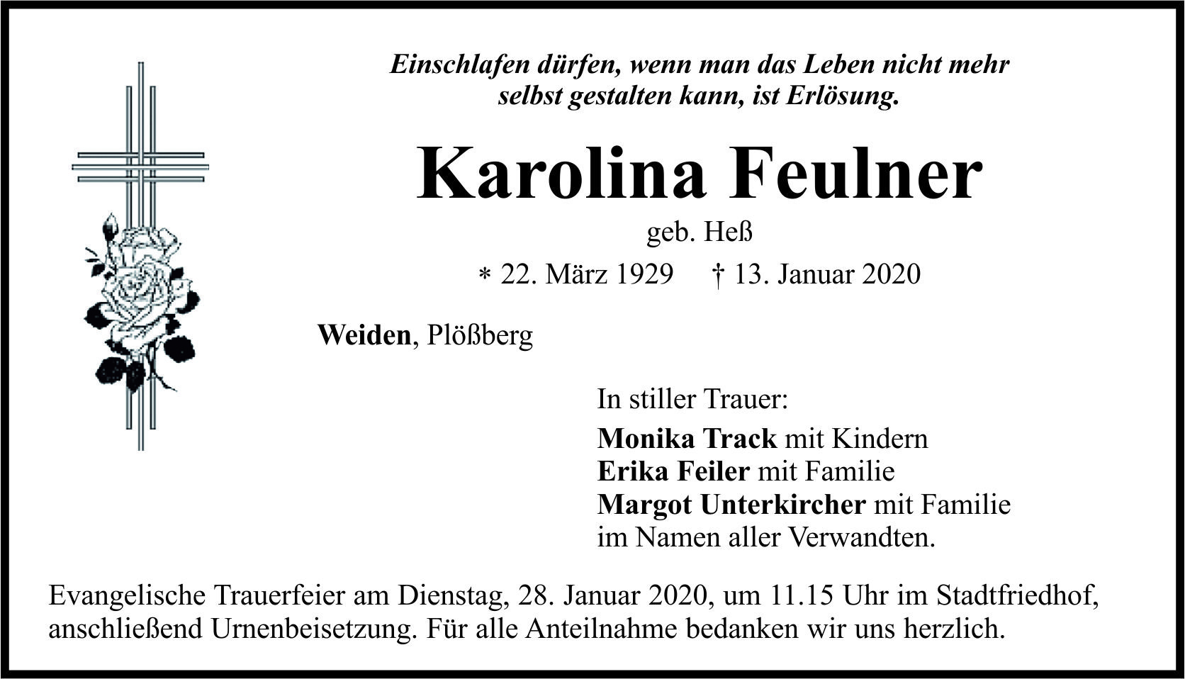 Traueranzeige Karolina Feulner, Weiden Plößberg