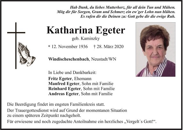 Traueranzeige Katharina Egeter Windischeschenbach