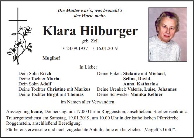 Traueranzeige Klara Hilburger Muglhof