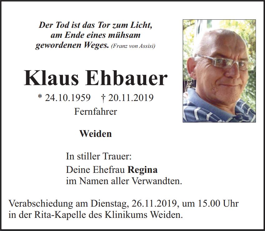 Traueranzeige Klaus Ehbauer, Weiden
