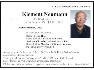 Traueranzeige Klement Neumann, Weiherhammer 400 300