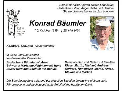 Traueranzeige Konrad Bäumler Kohlberg 400x300