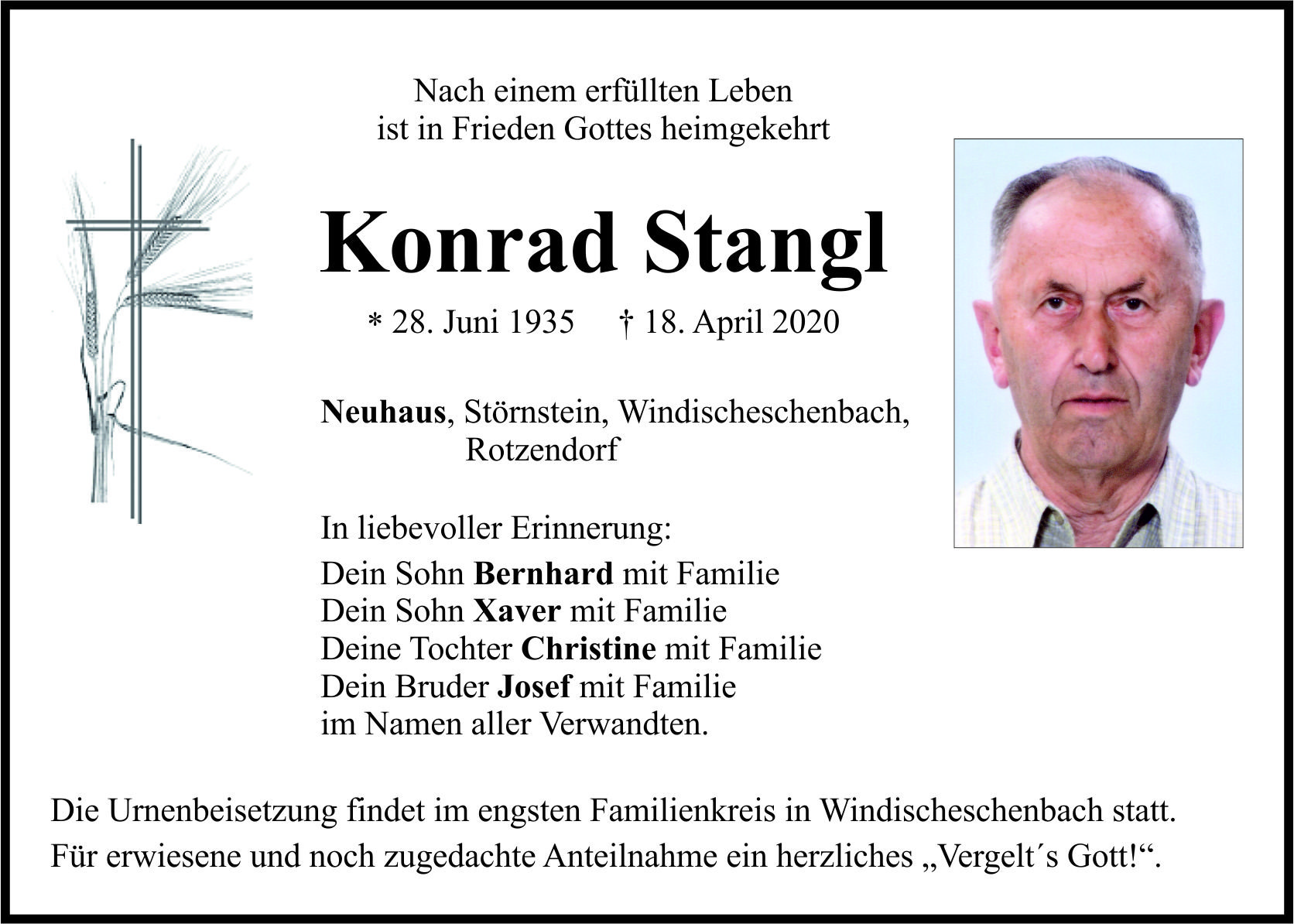 Traueranzeige Konrad Stangl