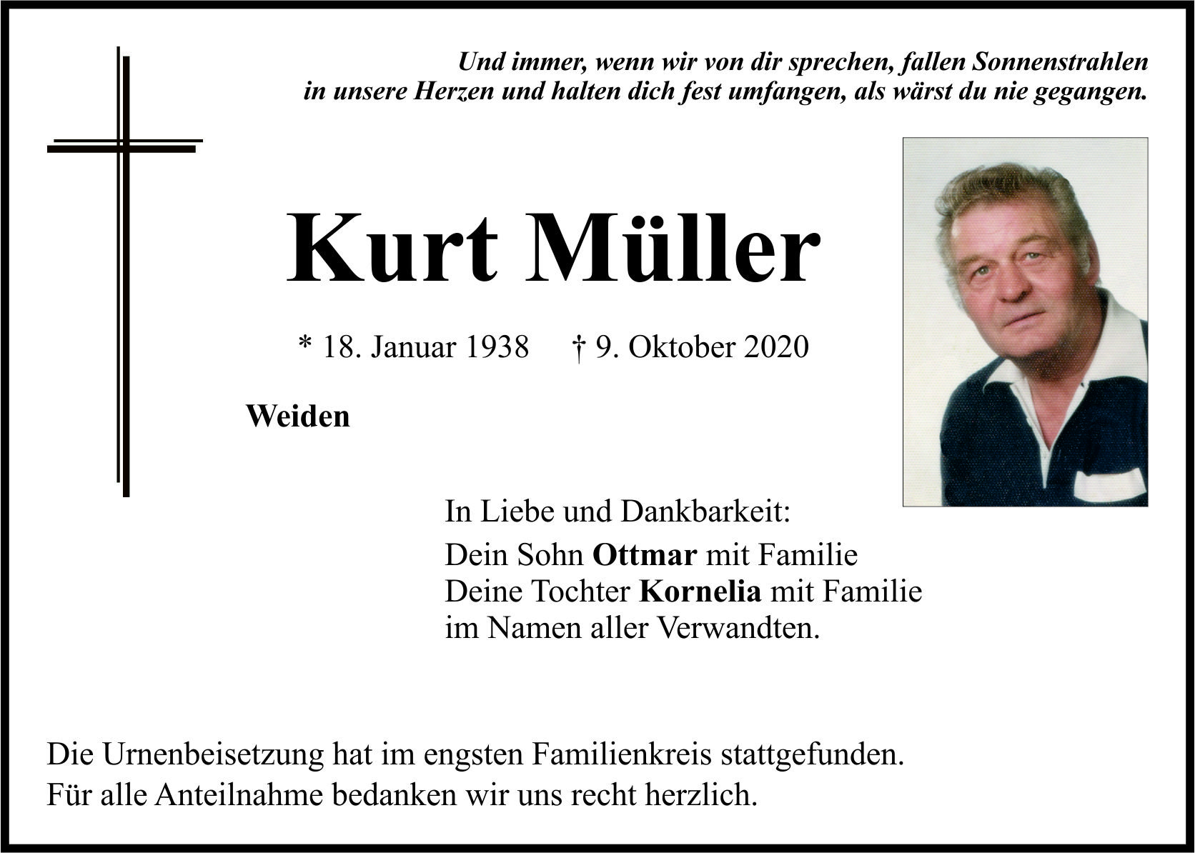 Traueranzeige Kurt Müller, Weiden