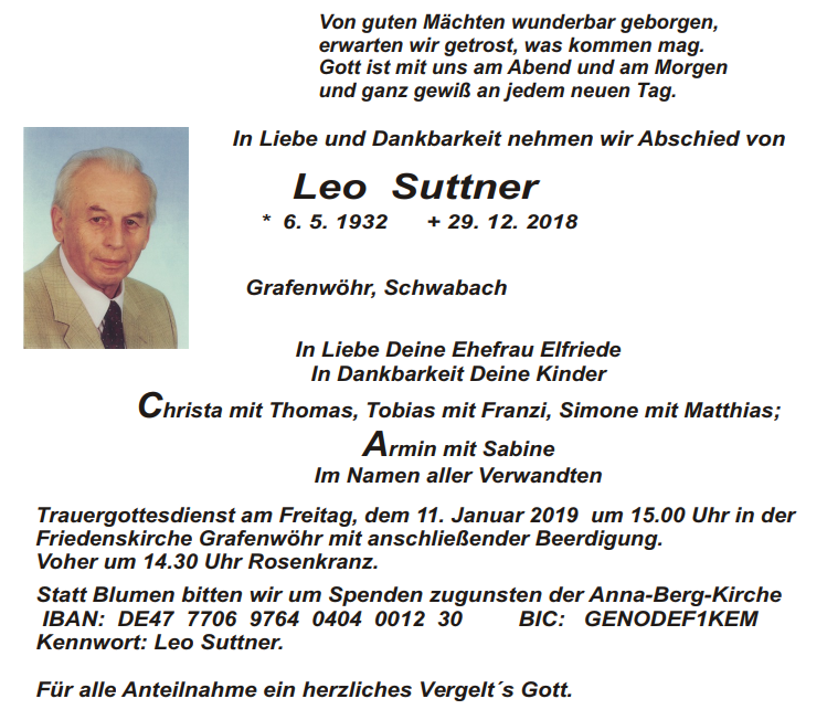 Traueranzeige Leo Suttner Grafenwöhr