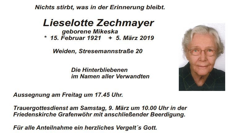 Traueranzeige Lieselotte Zechmayer Weiden