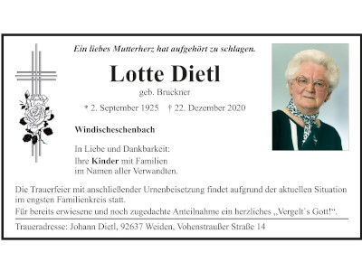 Traueranzeige Lotte Dietl, Windischeschenbach Beitragsbild