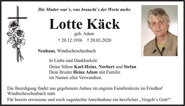Traueranzeige Lotte Käck Neuhaus