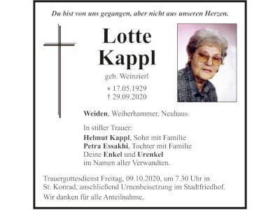 Traueranzeige Lotte Kappl, Weiden 400x300