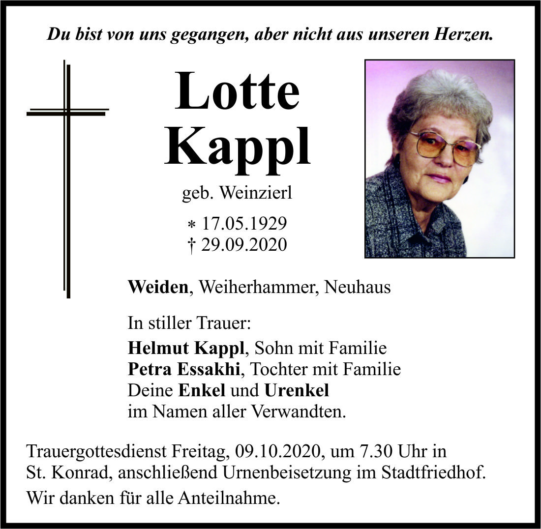 Traueranzeige Lotte Kappl, Weiden