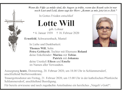 Traueranzeige Lotte Will, Ernstfeld, Schwarzenbach, Mantel400