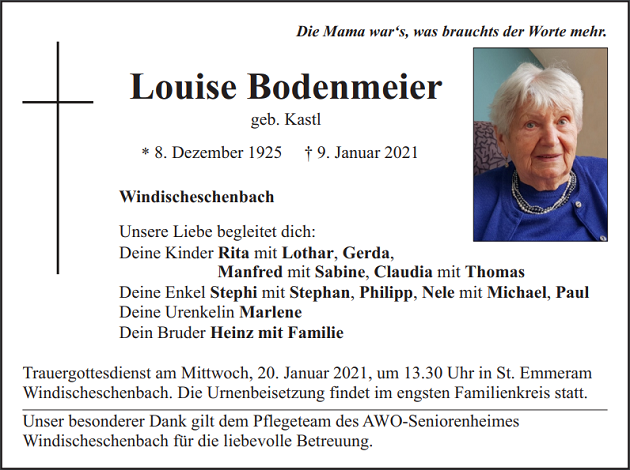 Traueranzeige Louise Bodenmeier Windischeschenbach