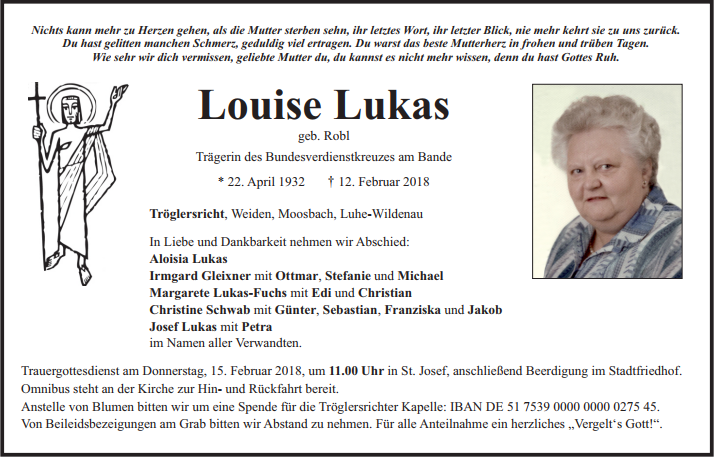 Traueranzeige Louise Lukas Weiden