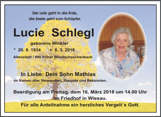 Traueranzeige Lucie Schlegl, AltenstadtWN, Windischeschenbach
