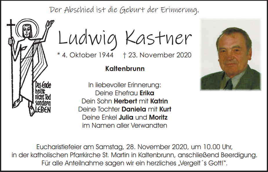Traueranzeige Ludwig Kastner, Kaltenbrunn