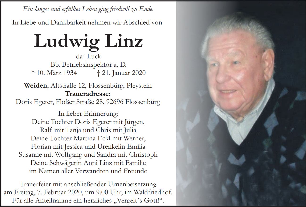 Traueranzeige Ludwig Linz, Weiden