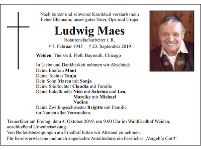 Traueranzeige Ludwig Maes Weiden 400x300
