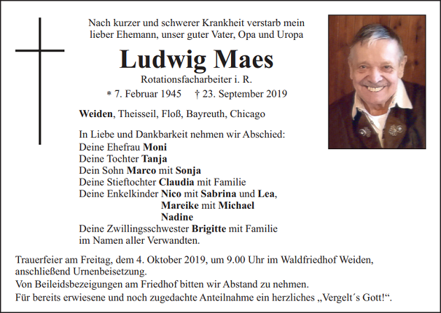 Traueranzeige Ludwig Maes Weiden