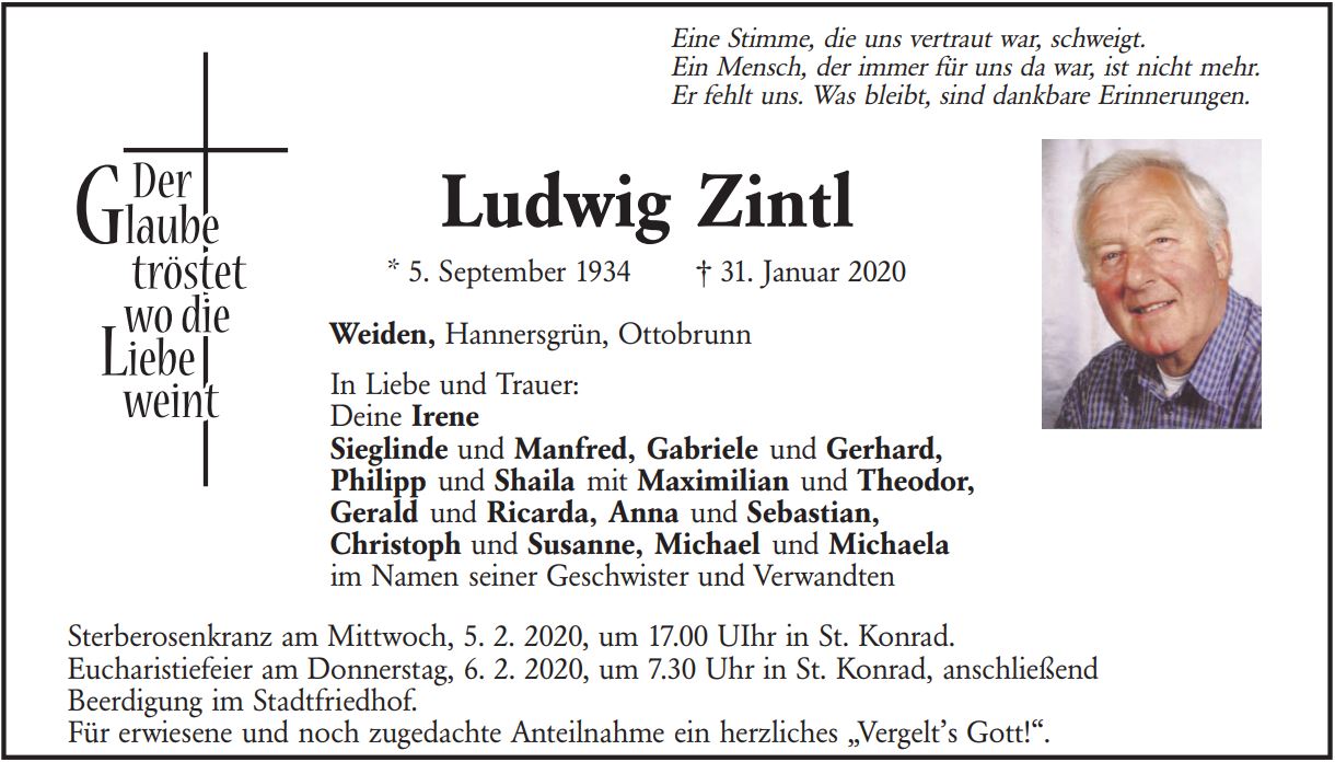 Traueranzeige Ludwig Zintl, Weiden