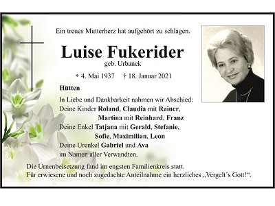 Traueranzeige Luise Fukerider Hütten 400x300
