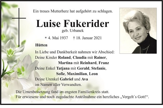 Traueranzeige Luise Fukerider Hütten