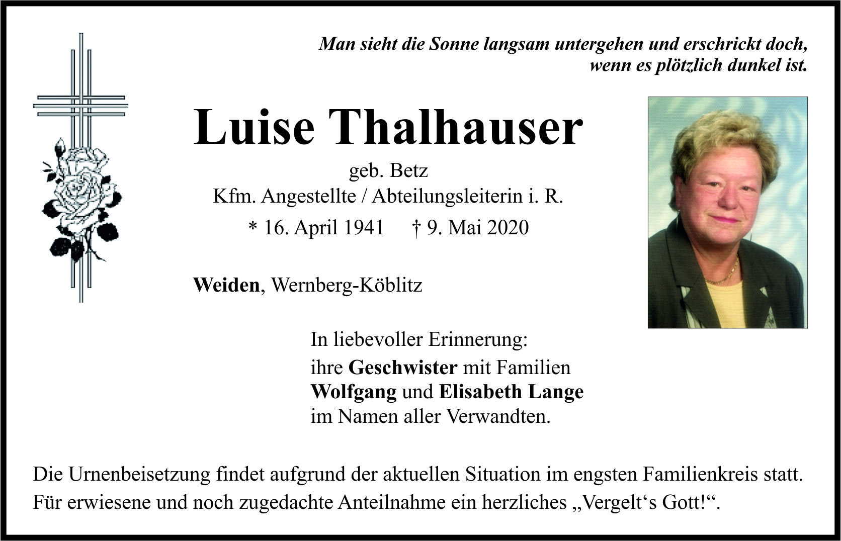 Traueranzeige Luise Thalhauser