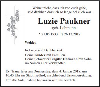 Traueranzeige Luzie Paukner Weiden