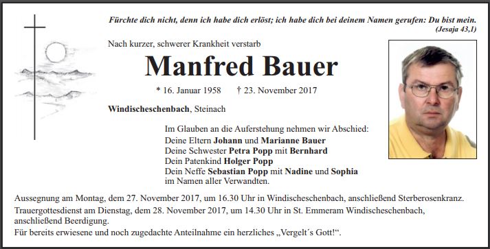 Traueranzeige Manfred Bauer Windischeschenbach