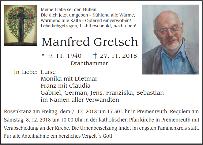 Traueranzeige Manfred Gretsch Drahthammer