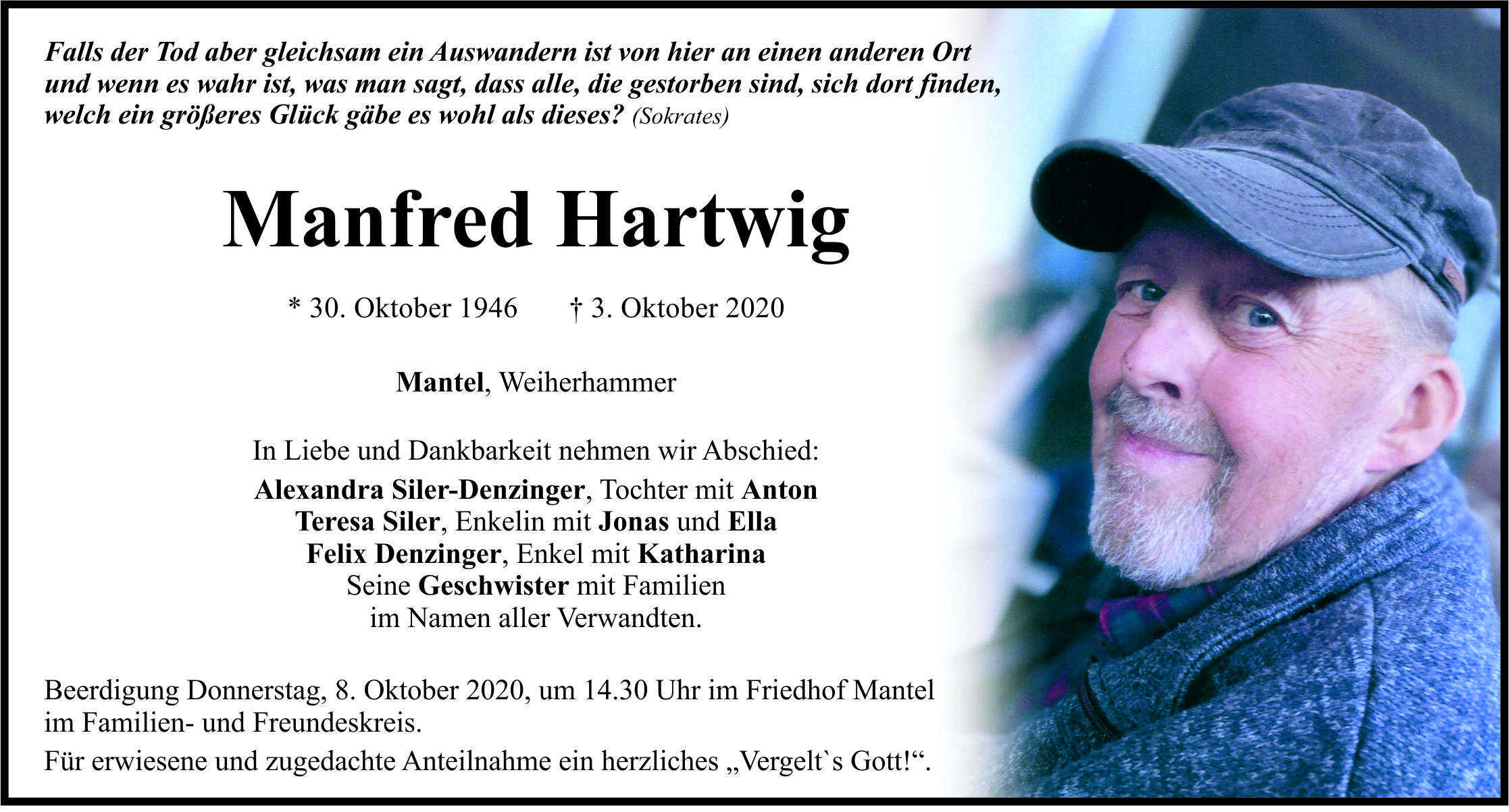 Traueranzeige Manfred Hartwig, Mantel