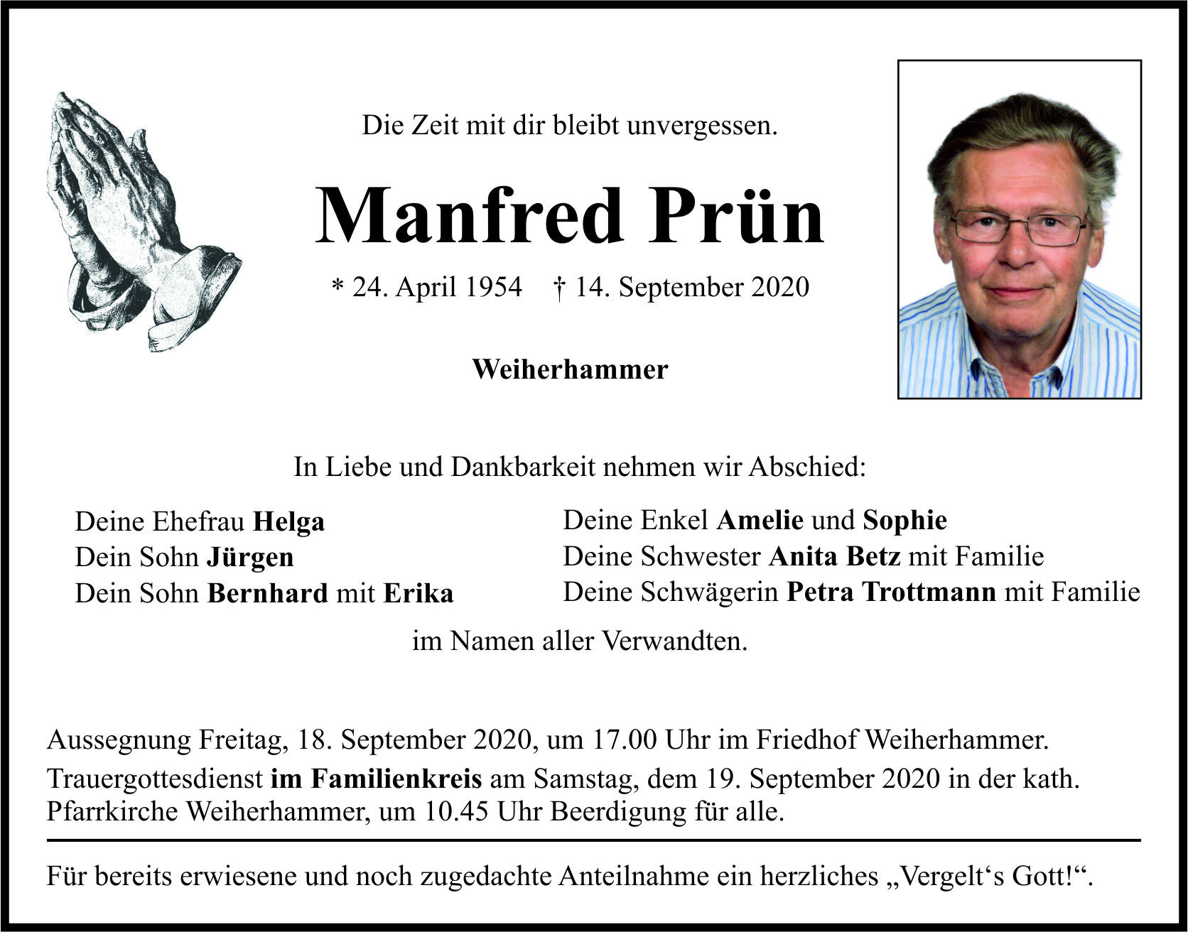 Traueranzeige Manfred Prün, Weiherhammer