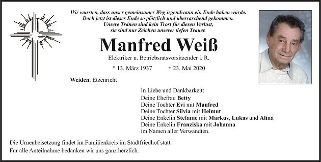 Traueranzeige Manfred Weiß Weiden