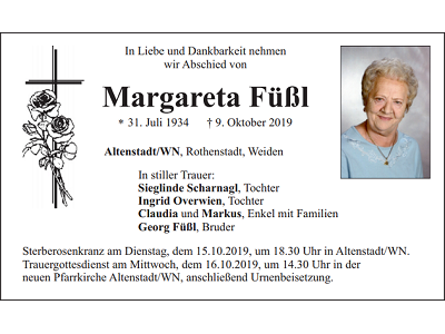 Traueranzeige Margareta Füßl Altenstadt 400x300