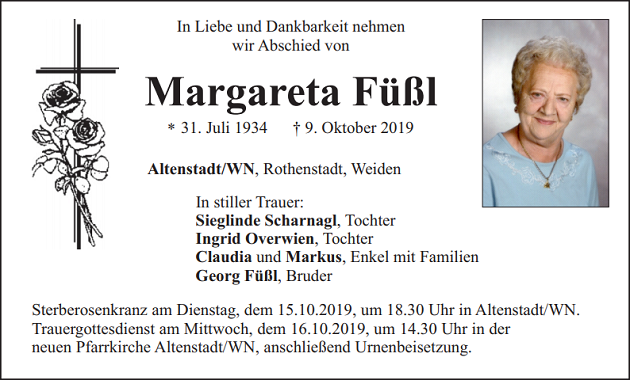 Traueranzeige Margareta Füßl Altenstadt