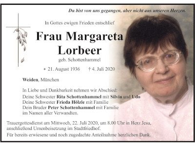 Traueranzeige Margareta Lorbeer, Weiden 400 300