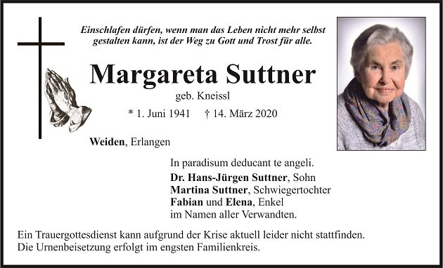 Traueranzeige Margareta Suttner Weiden.