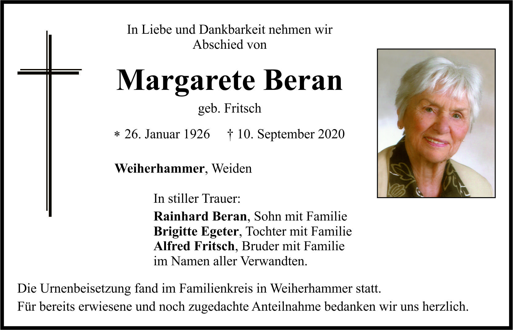 Traueranzeige Margarete Beran, Weiherhammer