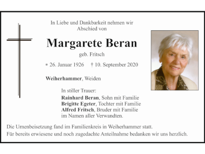Traueranzeige Margarete Beran, Weiherhammer400.300