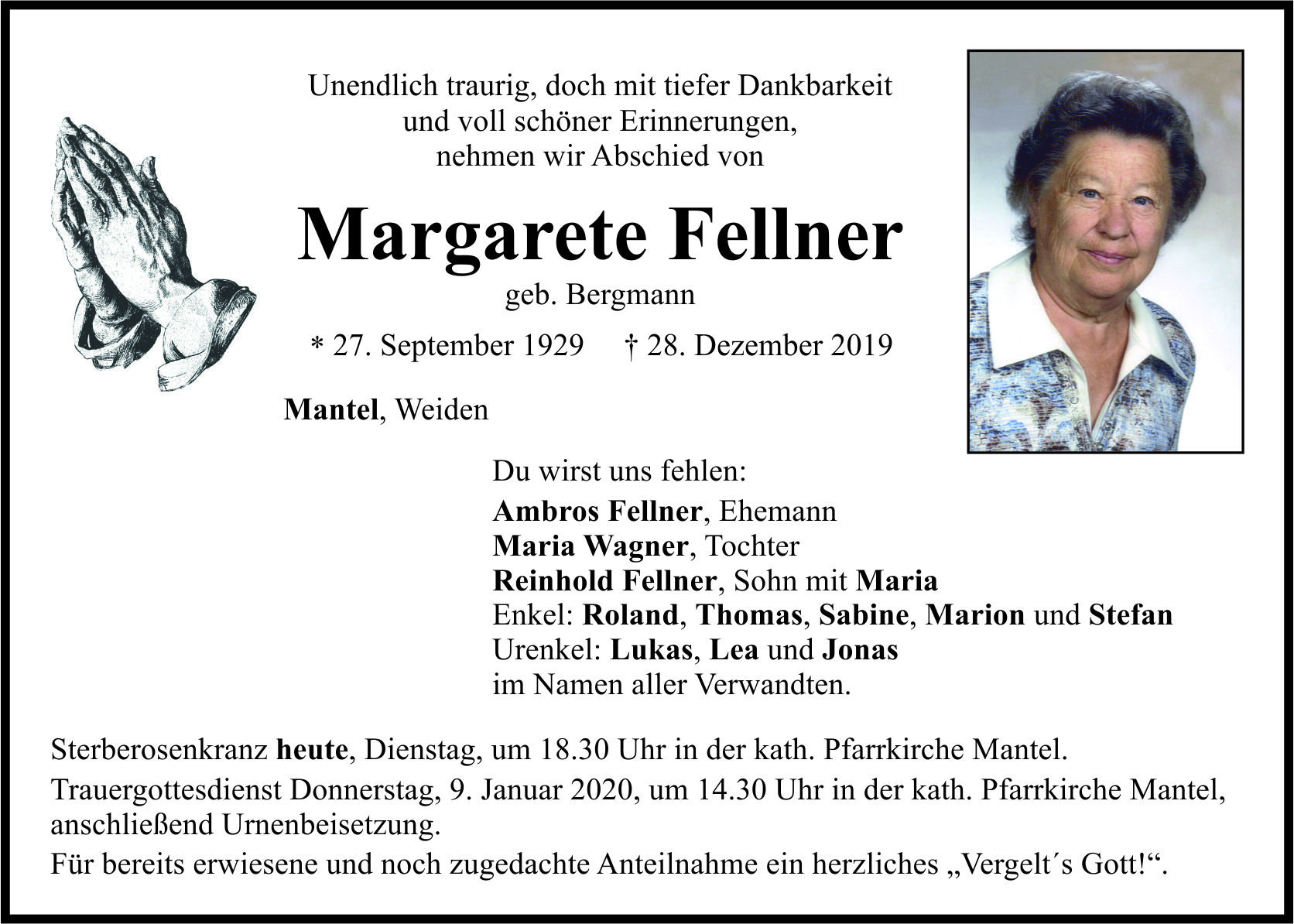 Traueranzeige Margarete Fellner, Mantel Weiden