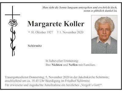 Traueranzeige Margarete Koller, Schirmitz 400x300